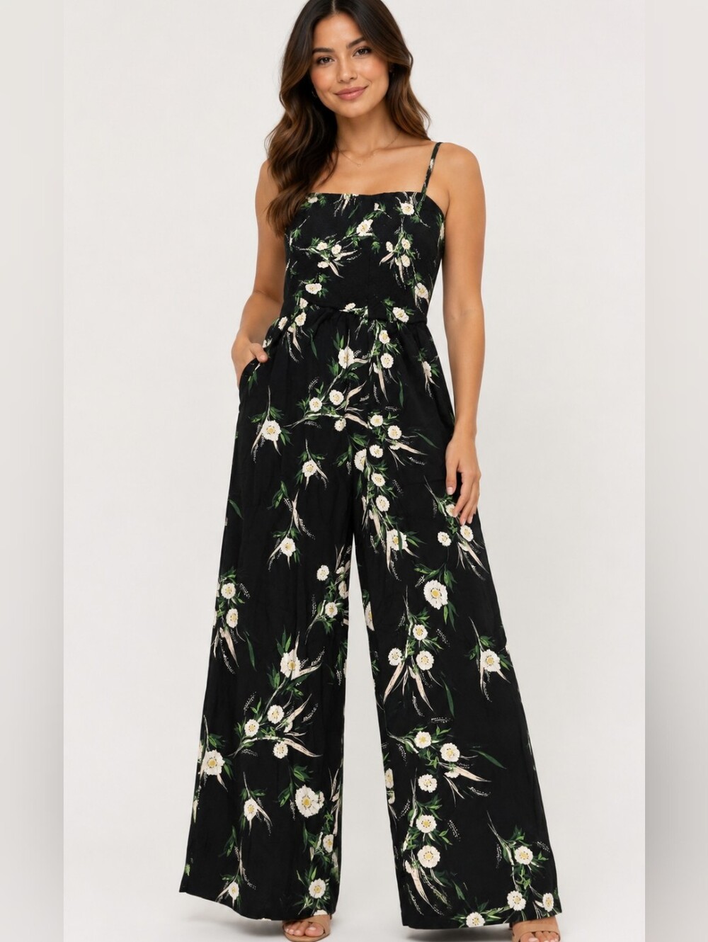 Maurices Women’s Size L Black Floral Wide Leg Jumpsuit Spaghetti Strap